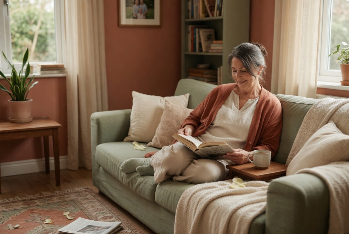 An older woman reading peacefully and relaxed on a sofa in a warm, sunlit living room.