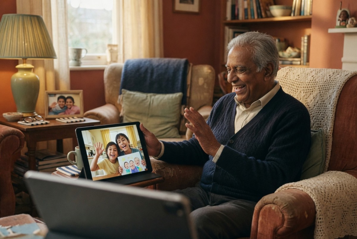 A grandfather video-calling his grandchildren on a tablet from a cozy, warmly lit living room, smiling with delight.