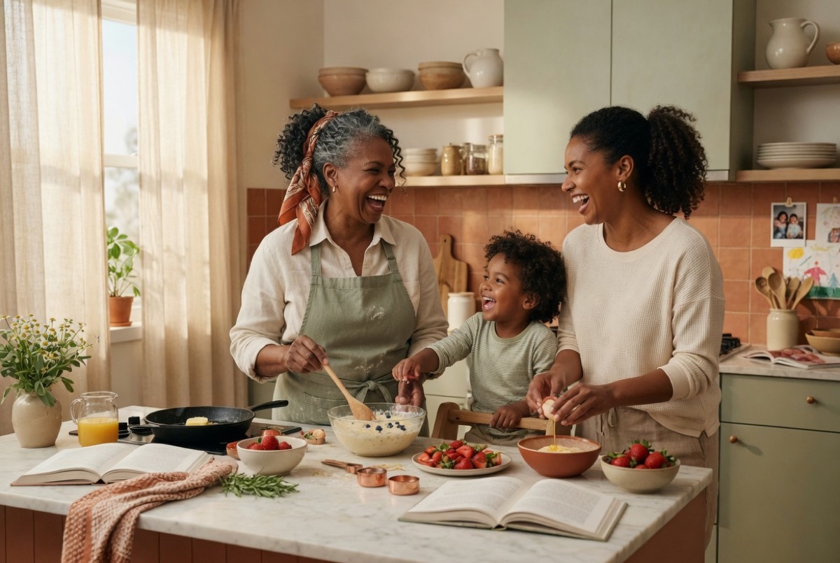 A woman in her seventies laughing with her adult daughter and young grandchild while making breakfast together in a sunny kitchen.