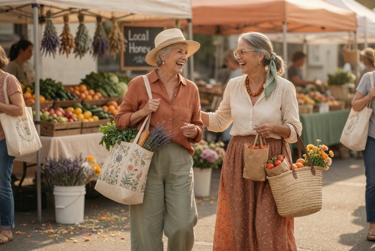 Two women in their seventies walking and laughing together at a sunny outdoor farmers market, carrying tote bags of fresh produce.