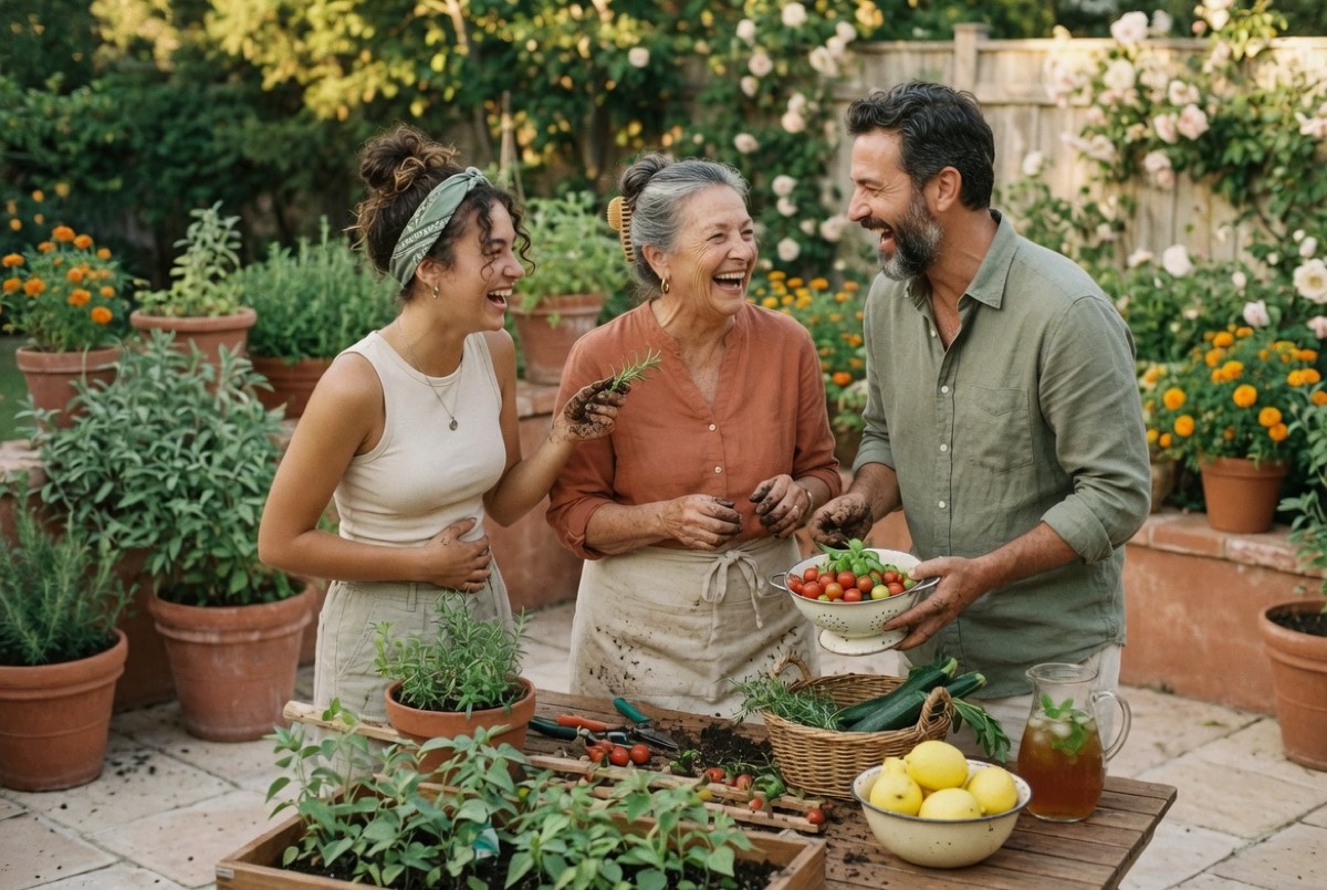 Three generations — a grandmother, her adult son, and her adult daughter — laughing together while gardening and harvesting vegetables outdoors.